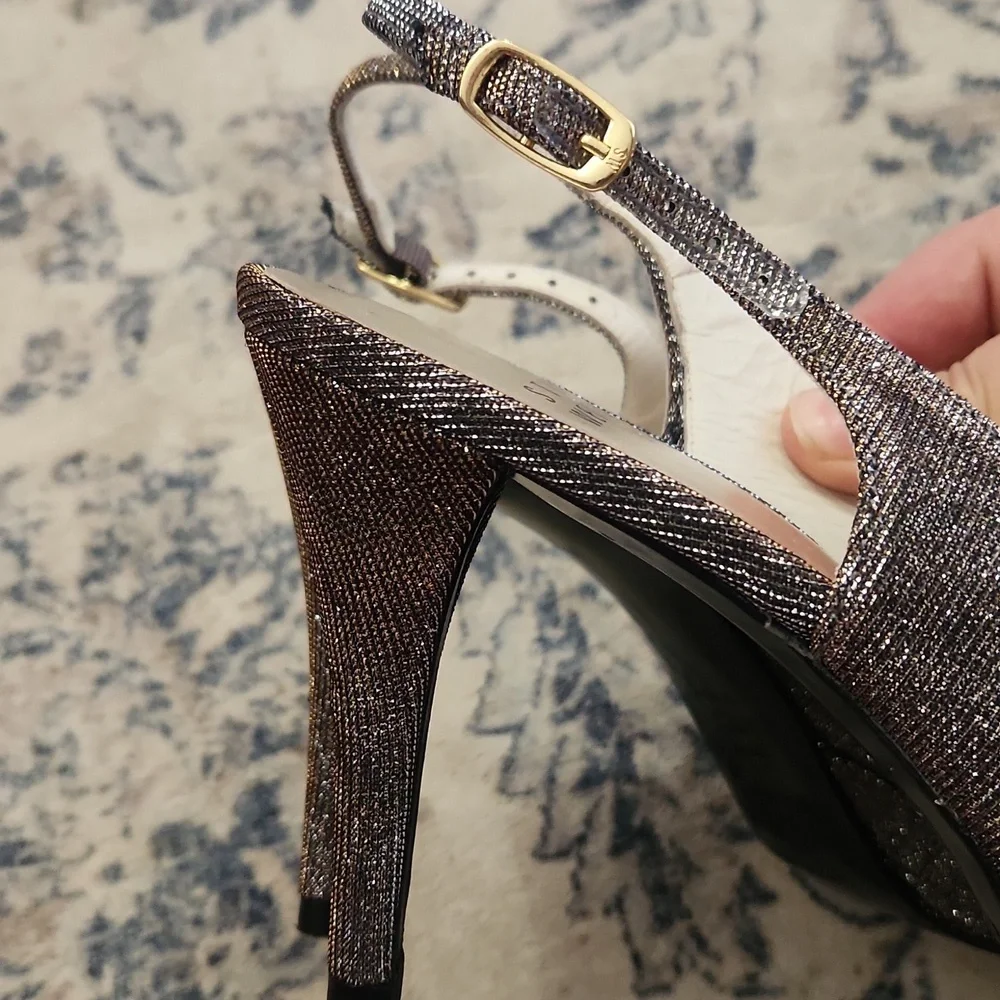 Stuart Weitzman Platform Sparkle Shimmer Pyrite Peeptoe Slingback Heel Size 8 - Picture 8 of 8